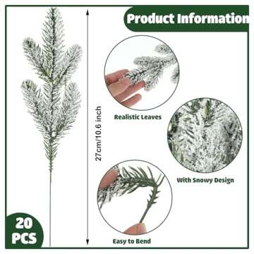 20 Pcs Christmas Snow Frosted Pine Branches 10.6 Inch Artificial Snowy Pine Needles Faux Greenery St...
