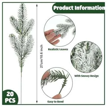 20 Pcs Christmas Snow Frosted Pine Branches 10.6 Inch Artificial Snowy Pine Needles Faux Greenery St...
