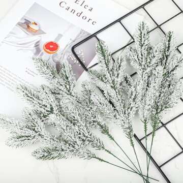 20 Pcs Christmas Snow Frosted Pine Branches 10.6 Inch Artificial Snowy Pine Needles Faux Greenery Stems Christmas Pine Tree Picks for Christmas Tree DIY Crafts Garland Wreath Home Holiday Decor