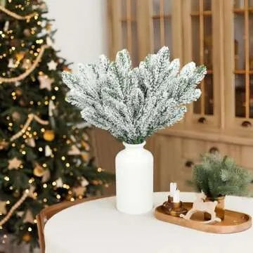 20 Pcs Christmas Snow Frosted Pine Branches 10.6 Inch Artificial Snowy Pine Needles Faux Greenery Stems Christmas Pine Tree Picks for Christmas Tree DIY Crafts Garland Wreath Home Holiday Decor