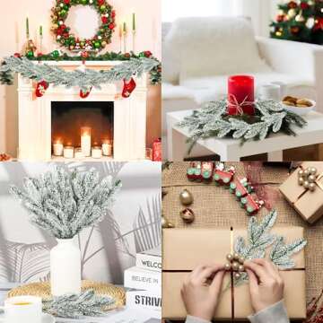 20 Pcs Christmas Snow Frosted Pine Branches 10.6 Inch Artificial Snowy Pine Needles Faux Greenery Stems Christmas Pine Tree Picks for Christmas Tree DIY Crafts Garland Wreath Home Holiday Decor