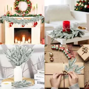 20 Pcs Christmas Snow Frosted Pine Branches 10.6 Inch Artificial Snowy Pine Needles Faux Greenery Stems Christmas Pine Tree Picks for Christmas Tree DIY Crafts Garland Wreath Home Holiday Decor