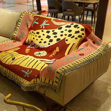 49" × 61.5" Leopard & Tiger Style Woven Throw Blanket- Turkish Throw Blanket Carpet Mat Reversible Cotton Woven Tapestry for Sofa Couch Bed Cover Travel Camping Using