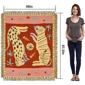 49" × 61.5" Leopard & Tiger Style Woven Throw Blanket- Turkish Throw Blanket Carpet Mat Reversible Cotton Woven Tapestry for Sofa Couch Bed Cover Travel Camping Using