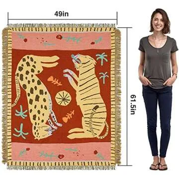 49" × 61.5" Leopard & Tiger Style Woven Throw Blanket- Turkish Throw Blanket Carpet Mat Reversible Cotton Woven Tapestry for Sofa Couch Bed Cover Travel Camping Using