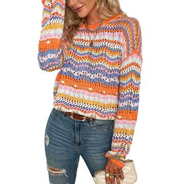 XBTCLXEBCO Womens Crochet Hollow Out Sweater Fall Long Sleeve Crew Neck Color Block Striped Sweater Loose Casual Knit Pullover (Orange, L)