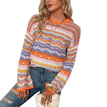 XBTCLXEBCO Womens Crochet Hollow Out Sweater Fall Long Sleeve Crew Neck Color Block Striped Sweater Loose Casual Knit Pullover (Orange, L)