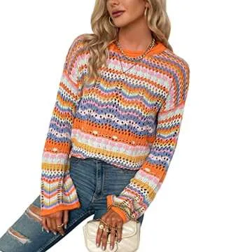 XBTCLXEBCO Womens Crochet Hollow Out Sweater Fall Long Sleeve Crew Neck Color Block Striped Sweater Loose Casual Knit Pullover (Orange, L)