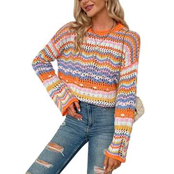 XBTCLXEBCO Womens Crochet Hollow Out Sweater Fall Long Sleeve Crew Neck Color Block Striped Sweater Loose Casual Knit Pullover (Orange, L)