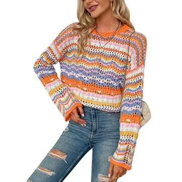 XBTCLXEBCO Womens Crochet Hollow Out Sweater Fall Long Sleeve Crew Neck Color Block Striped Sweater Loose Casual Knit Pullover (Orange, L)