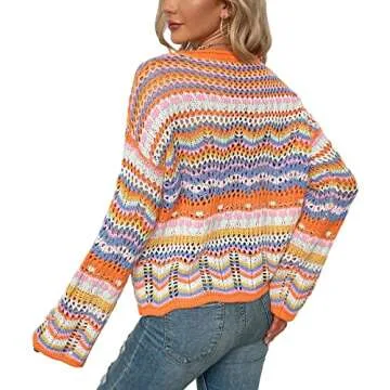 XBTCLXEBCO Womens Crochet Hollow Out Sweater Fall Long Sleeve Crew Neck Color Block Striped Sweater Loose Casual Knit Pullover (Orange, L)