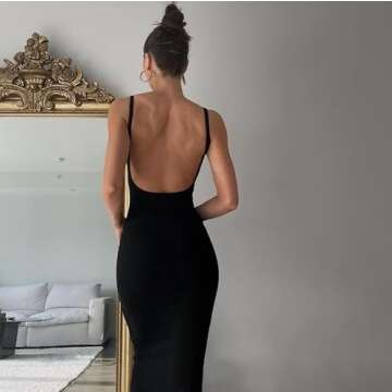 Women Backless Maxi Tank Dress Bodycon Sexy Open Back Hollow Long Dresses Sleeveless Elegant Cocktail Party Dress(Cami Black,S)