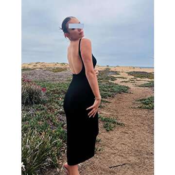 Women Backless Maxi Tank Dress Bodycon Sexy Open Back Hollow Long Dresses Sleeveless Elegant Cocktail Party Dress(Cami Black,S)