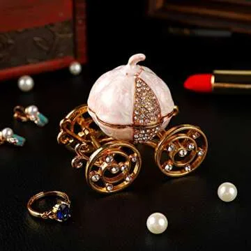 QIFU Hand Painted Enameled Cinderella Pumpkin Carriage Decorative Hinged Jewelry Trinket Box Unique Gift for Family