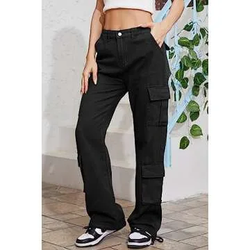 QYANGG Baggy Cargo Pants Women High Waist Pants for Women Loose Pocket Jogger Straight Wide Leg Y2K Cargo Pants
