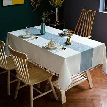 Oubonun Cotton Linen Rectangular Table Cloth, Wrinkle Resistant, Waterproof Tablecloth, Washable Farmhouse Table Cover with Tassels for Kitchen Dining Party, 55''x70'', 4-6 Seats, Beige
