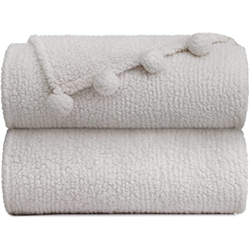 Ivory White Sherpa Throw Blanket 50x60 with Pom Poms