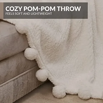 Ivory White Sherpa Throw Blanket 50x60 with Pom Poms