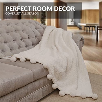 Ivory White Sherpa Throw Blanket 50x60 with Pom Poms