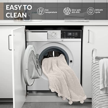 Ivory White Sherpa Throw Blanket 50x60 with Pom Poms