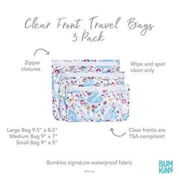 Bumkins Disney Travel Bag, Toiletry, TSA Approved Pouch, Zip Bag, Quart Size Airline Compliant, Clear-Sided, Baby, Diaper Bag Organization, Accessories, Packing, Set of 3 Sizes, Cinderella