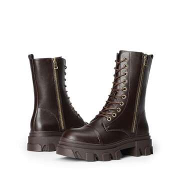 DREAM PAIRS Women's DMB215 Combat Boots Lace up Mid Calf Boots Low Heel Chunky Platform Riding Boots, Brown PU, Size 8