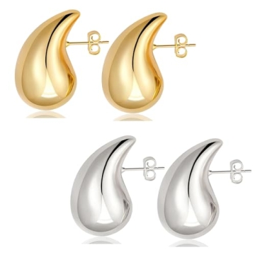 Gold Tear Drop Earrings - Chunky Gold Fashion Jewelry in 2 Pairs