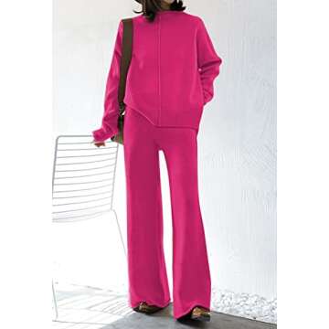 Viottiset Women's 2 Piece Outfits Sweater Set Wide Leg Pants High Neck Sweatsuit Casual Winter Loung...