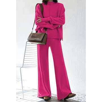 Viottiset Women's 2 Piece Outfits Sweater Set Wide Leg Pants High Neck Sweatsuit Casual Winter Loungewear Hot Pink XL