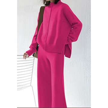 Viottiset Women's 2 Piece Outfits Sweater Set Wide Leg Pants High Neck Sweatsuit Casual Winter Loungewear Hot Pink XL