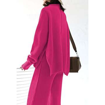 Viottiset Women's 2 Piece Outfits Sweater Set Wide Leg Pants High Neck Sweatsuit Casual Winter Loungewear Hot Pink XL