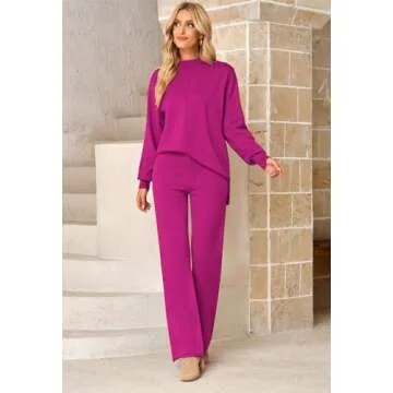 Viottiset Women's 2 Piece Outfits Sweater Set Wide Leg Pants High Neck Sweatsuit Casual Winter Loungewear Hot Pink XL