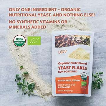 LOOV Organic Non-Fortified Nutritional Yeast Flakes - Vegan, Gluten Free, Non-GMO Unfortified Nooch - Good Source of Natural B-Vitamins - No Added Salt or Sugar - Resealable Bag, 8 Ounces (227 Grams)