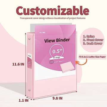 SUNEE 1/2 Inch Binders 3 Ring 4 Pack, Clear View Binder Three Ring PVC-Free (Fit 8.5x11 Inches) for ...