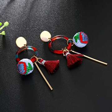 MengPa Fashion Dangle Earrings for Women Tassel Cloth Ball Unique Jewelry Red (Red)