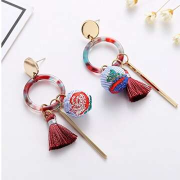 MengPa Fashion Dangle Earrings for Women Tassel Cloth Ball Unique Jewelry Red (Red)