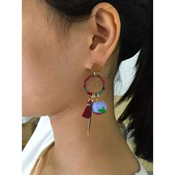 MengPa Fashion Dangle Earrings for Women Tassel Cloth Ball Unique Jewelry Red (Red)