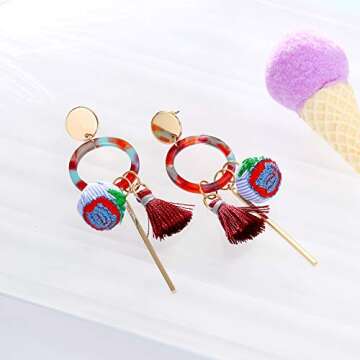 MengPa Fashion Dangle Earrings for Women Tassel Cloth Ball Unique Jewelry Red (Red)