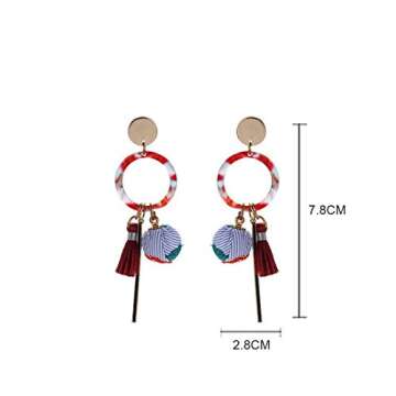 MengPa Fashion Dangle Earrings for Women Tassel Cloth Ball Unique Jewelry Red (Red)