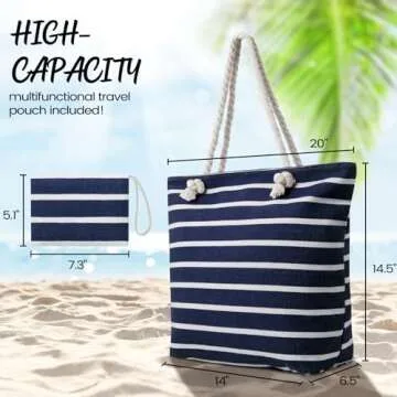 Tavaleu Beach Bags for Women - Extra Large Beach Bag with Zipper Waterproof Sandproof, Swim Pool Cruise Canvas Beach Tote Bag Vacation