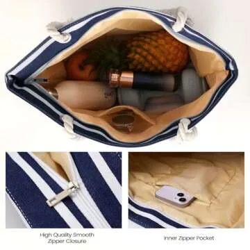 Tavaleu Beach Bags for Women - Extra Large Beach Bag with Zipper Waterproof Sandproof, Swim Pool Cruise Canvas Beach Tote Bag Vacation