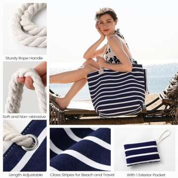 Tavaleu Beach Bags for Women - Extra Large Beach Bag with Zipper Waterproof Sandproof, Swim Pool Cruise Canvas Beach Tote Bag Vacation