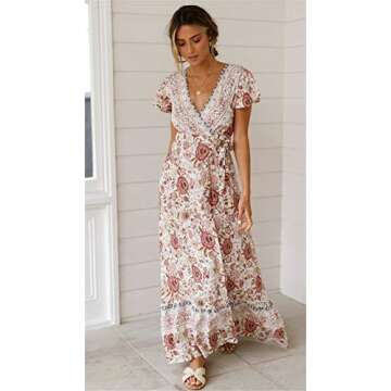 PRETTYGARDEN Women's Casual Long Summer Dresses Boho Floral Wrap V Neck Short Sleeve Split Maxi Beac...