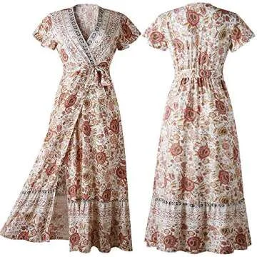 PRETTYGARDEN Women's Casual Long Summer Dresses Boho Floral Wrap V Neck Short Sleeve Split Maxi Beach Dress (White,Small)