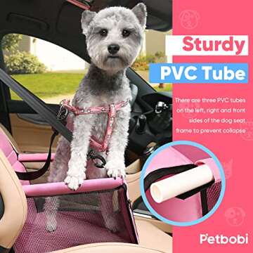 Petbobi Pet Reinforce Car Booster Seat for Dog Cat Portable and Breathable Bag with Seat Belt Dog Carrier Safety Stable for Travel Look Out,with Clip on Leash with PVC Tube, Pink