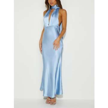 Summer Satin Halter Deep V Neck Backless Maxi Dresses for Women 2024 Silky Sleeveless Open Back Wedding Guest Long Dress Blue