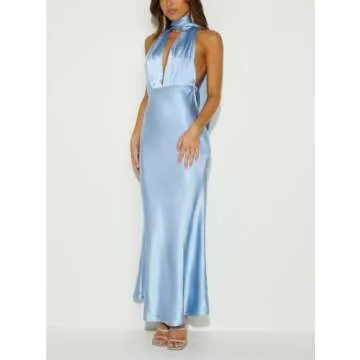Summer Satin Halter Deep V Neck Backless Maxi Dresses for Women 2024 Silky Sleeveless Open Back Wedding Guest Long Dress Blue