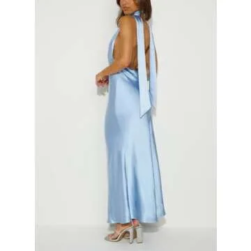 Summer Satin Halter Deep V Neck Backless Maxi Dresses for Women 2024 Silky Sleeveless Open Back Wedding Guest Long Dress Blue