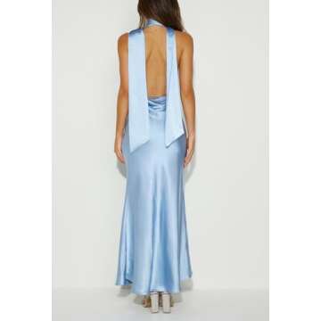 Summer Satin Halter Deep V Neck Backless Maxi Dresses for Women 2024 Silky Sleeveless Open Back Wedding Guest Long Dress Blue
