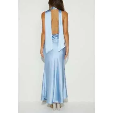 Summer Satin Halter Deep V Neck Backless Maxi Dresses for Women 2024 Silky Sleeveless Open Back Wedding Guest Long Dress Blue